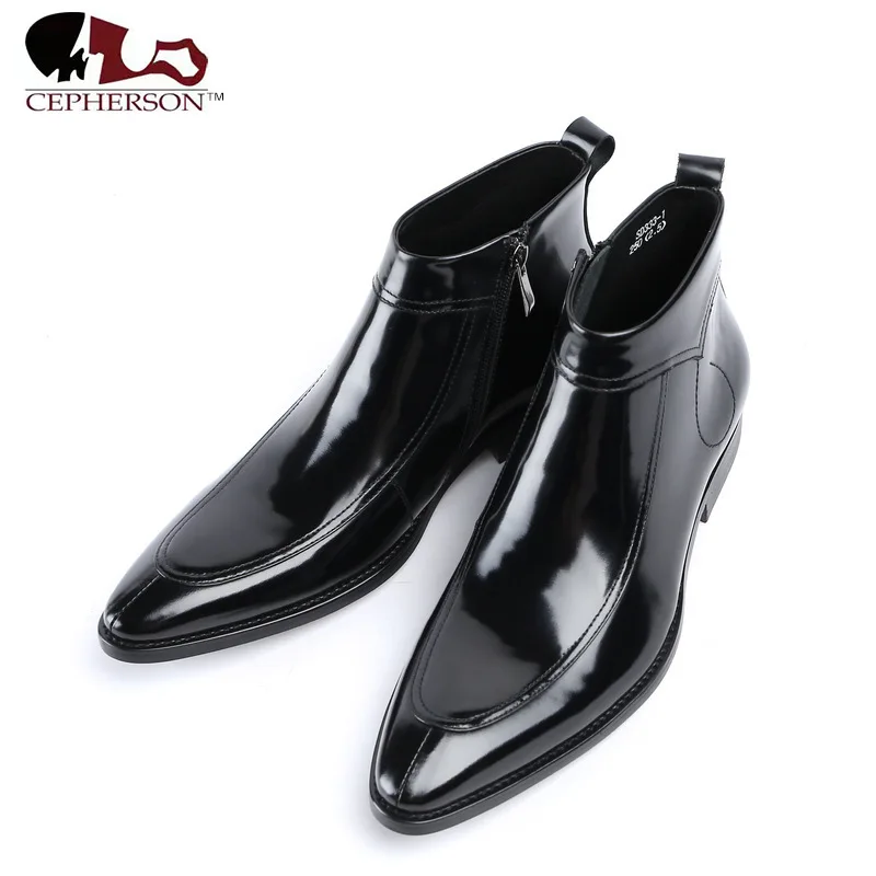 

Fashion Pointed Men Chelsea Boots Genuine Leather Rome Style Black Brown Man Ankle Boots Zipper Patent Leather Male Dress Shoes