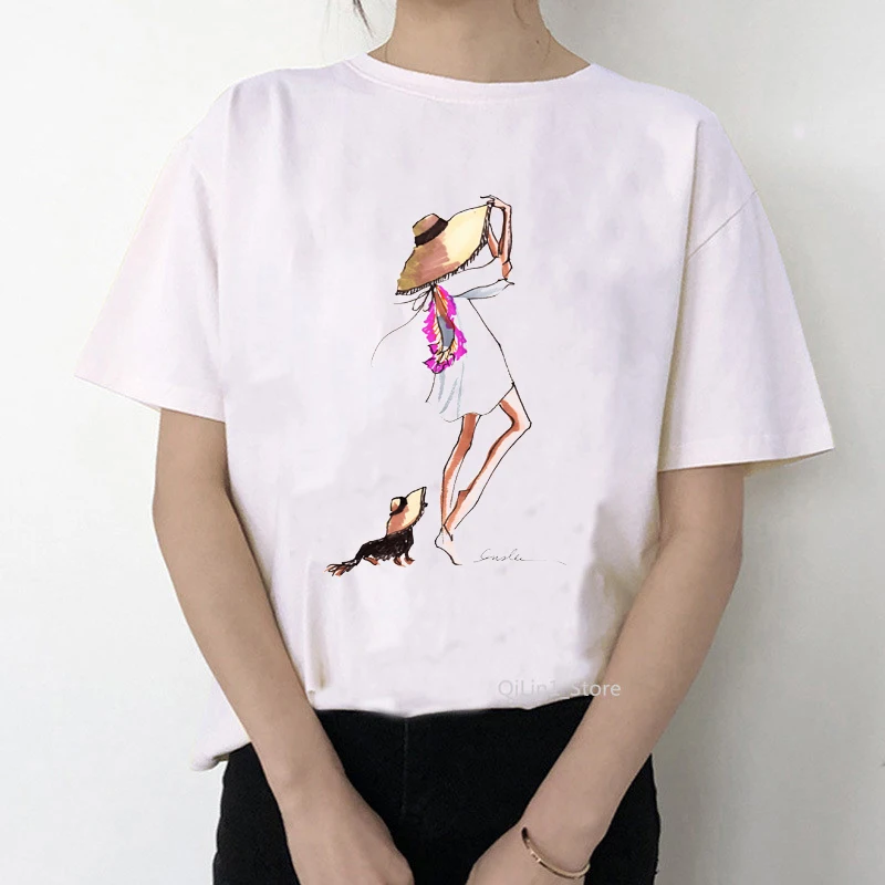 

new arrival 2020 vogue t shirt women Walking the dog at leisure watercolor print female t-shirt harajuku kawaii clothes tshirt