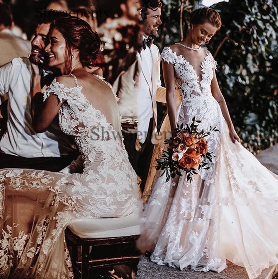 Полный кружевное свадебное платье в стиле кантри с Съемная юбка поезд