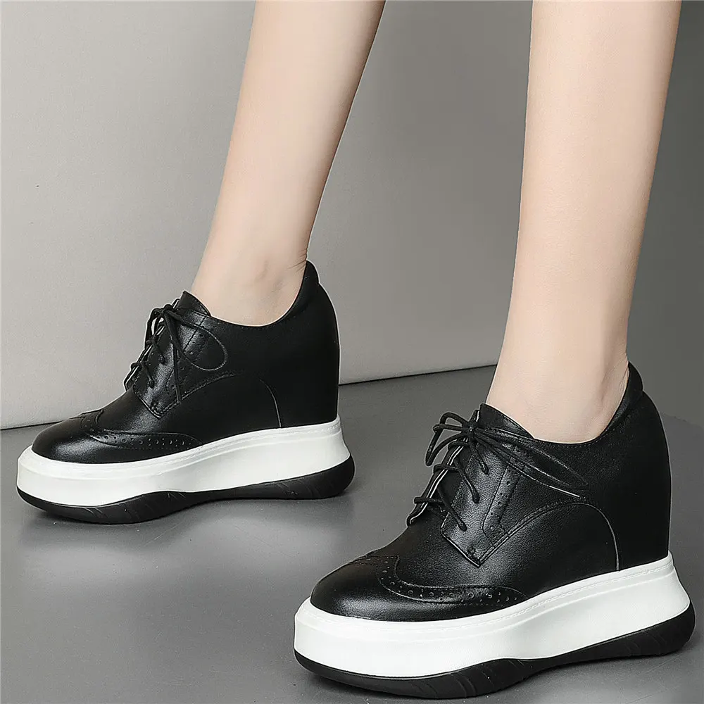 

11cm High Heel Platform Oxfords Women Lace Up Genuine Leather Wedges Ankle Boots Female Round Toe Fashion Sneakers Casual Shoes
