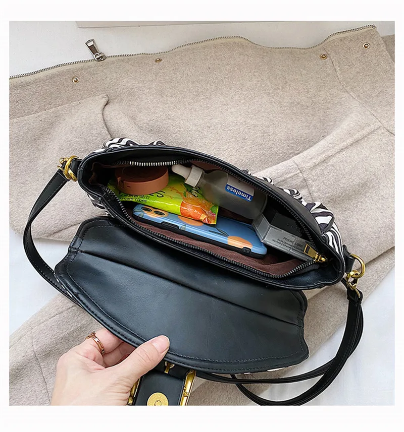

Zebra Tote Bag for Women 2020 New Trend Leather Pleated Handbag Half Moon Messenger Bags Lady Small Lock Crossbody Shoulder Bag