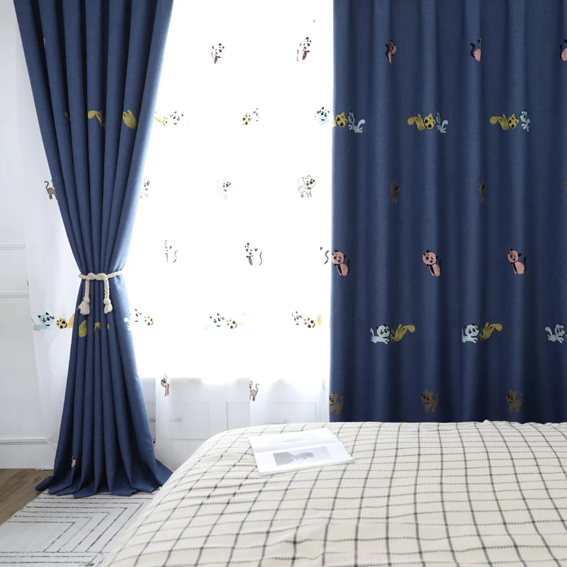 Занавески с вышивкой в виде симпатичного мультяшного кота для детей мальчиков