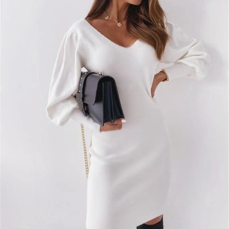 

Sexy Mini Dress Fashion Women Puff Sleeve Dress Lazy Backless Dresses Elegant V Neck Robe Leisure Vestidos Dress Woman Female