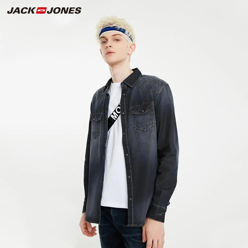 Мужская джинсовая рубашка JackJones модная повседневная из 100% хлопка с длинными