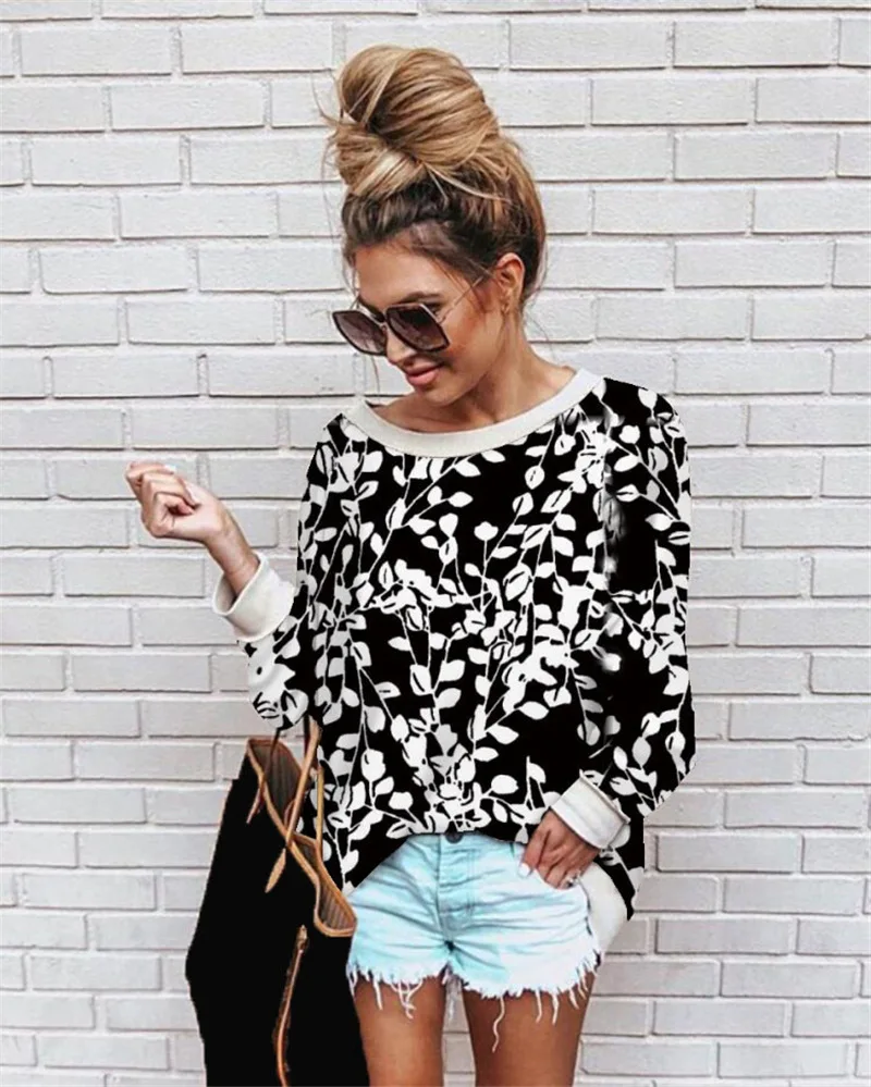 

2020 Autumn and Winter Women's New AliExpress European and American Foreign Trade Printing Leopard Flower Round Neck Loose Top