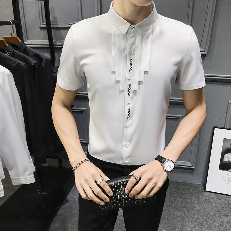 Мужская классическая рубашка с коротким рукавом черно белая плиссированная под