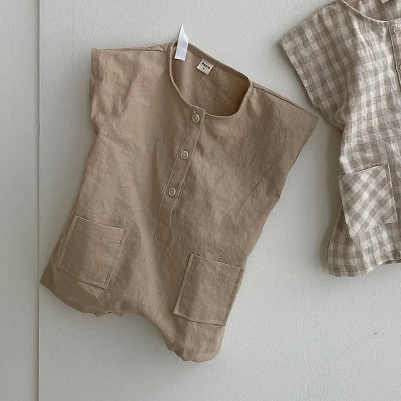 

MIALNCEL 2021 Summer New Baby Clothes Korean Loose Romper Solid Cotton Overalls Plaid Short Sleeve Boys Outfits