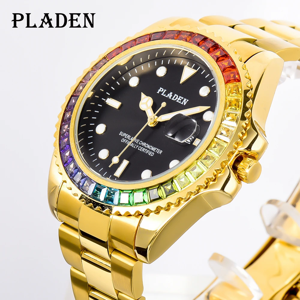 

PLADEN New Arrival Men Watch Trendy Gold With Colorful Diamond Quartz Timekeeper Swimming Folding Clasp Wristwatch Heren Horloge