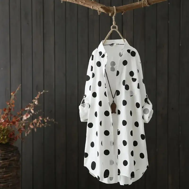 Женская рубашка в горошек с длинным рукавом свободного покроя | одежда