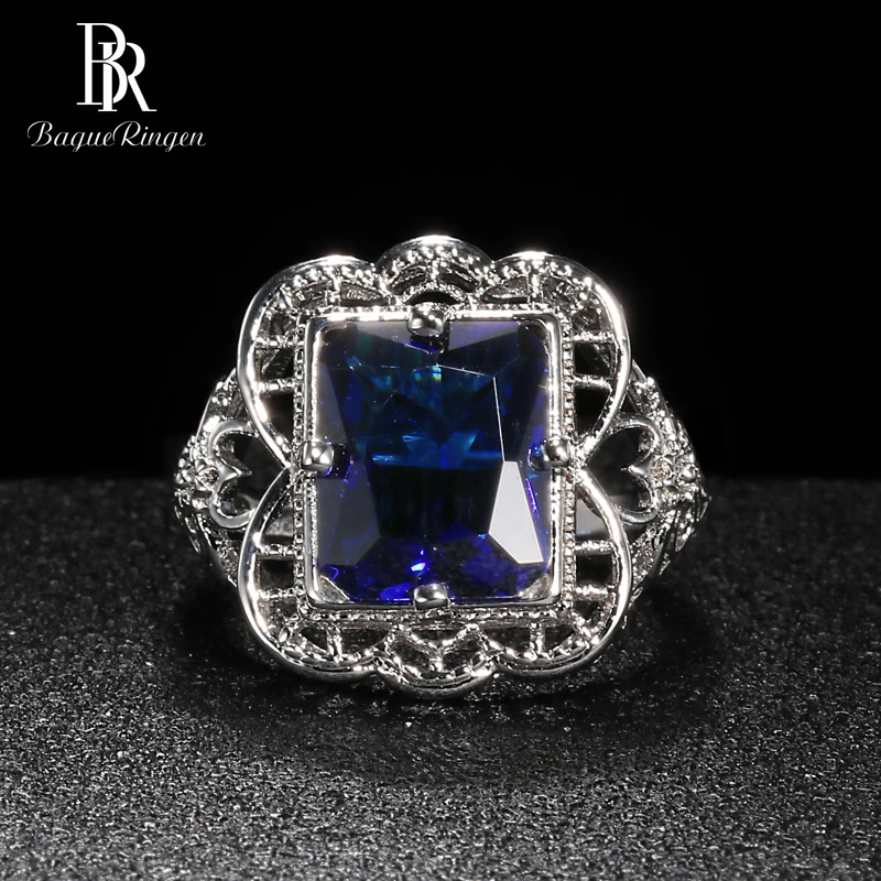 Bague Ringen Дворцовое кольцо с полым узором для женщин, геометрическое сапфировое серебро 925, ювелирное изделие 9*12 мм, драгоценный камень, элегантный темперамент, подарок