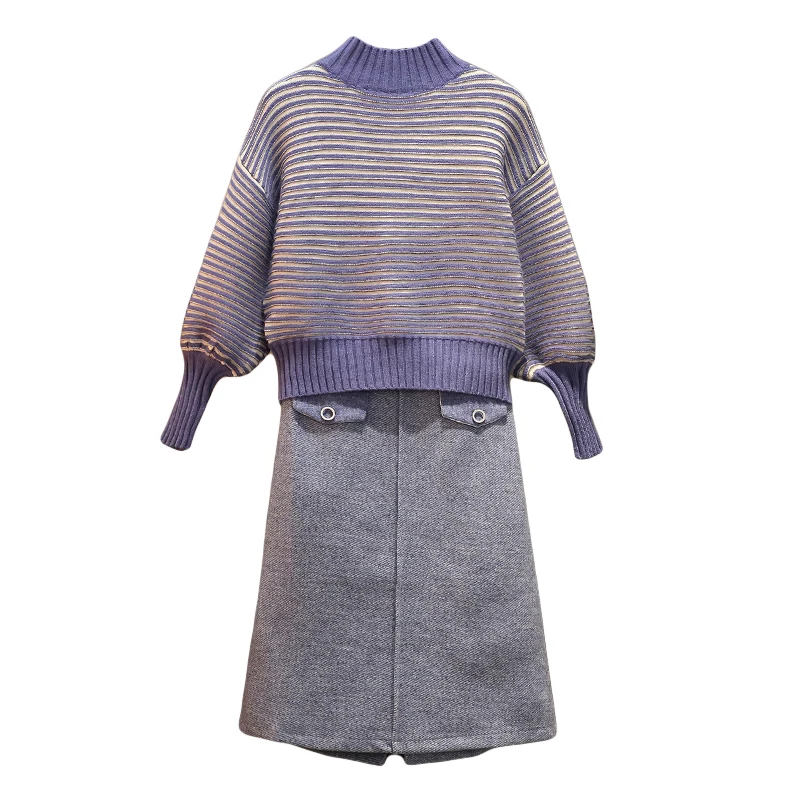 

New Winter Women Stripe Sweater Bigger Sizes Pullovers Top & Woolen Cloth Skirt 2 Pcs Clothing Set Outfit Knitwear Leisure Suit