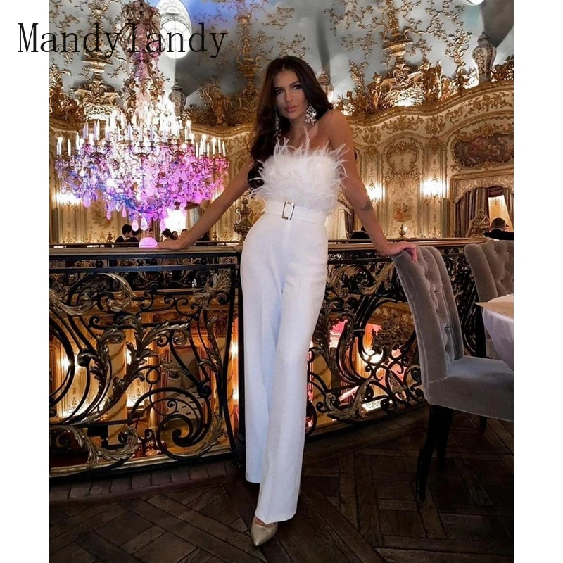 

Mandylandy Jumpsuits Sexy High Waist Strapless Backless Straight Jumpsuits Women's Casual Feather Slim Fit Patchwork Jumpsuits