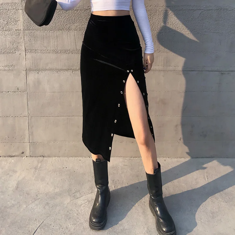 

2021 New Elegant High Waisted Slit Woman Skirt Streetwear Matal Rivet Velour Sexy Midi Bodycon Pencil Skirt Office Lady Clothes