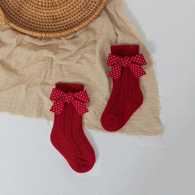 1 пара детские рождественские носки с красным бантом в полоску горошек | Детская