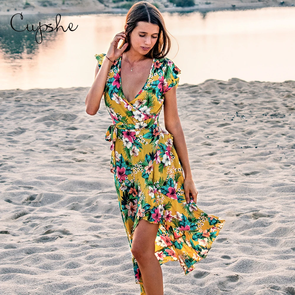 CUPSHE Гавайское цветочное плиссированное платье миди женские сексуальные v