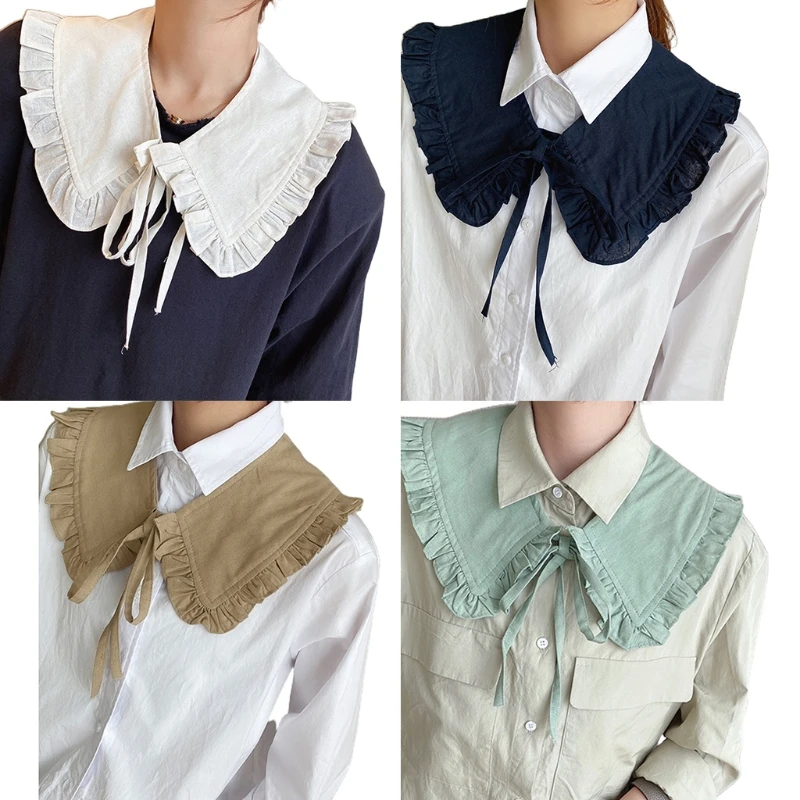 

Women Doll False Collar Wrap Ruffles Solid Lapel Shawl Necklace Lace-Up Poncho G5AE