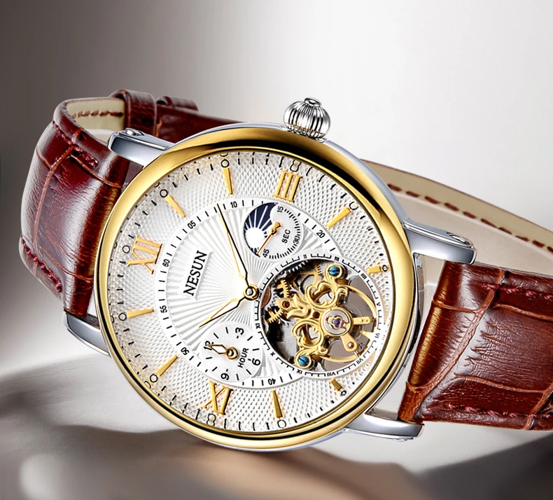 Швейцарские часы Nesun Skeleton Tourbillon для мужчин Топ люксовый бренд автоматические механические мужские часы водонепроницаемые relogio N9091-3