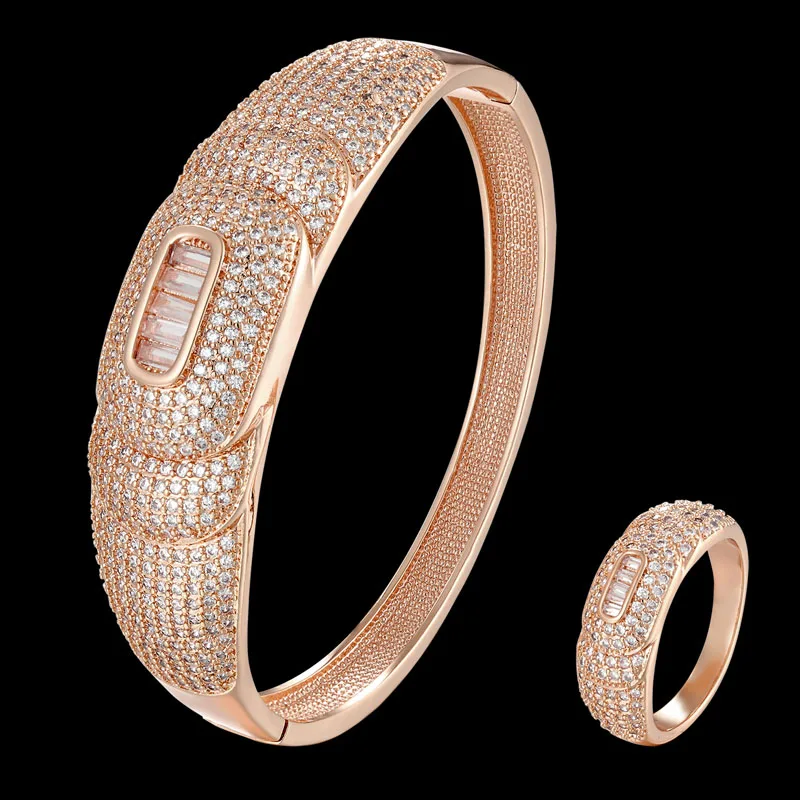 

Zlxgirl jewelry luruxy brand mirco pave zircon Copper wedding bracelet with ring jewelry sets metal Gold women size bangles anel
