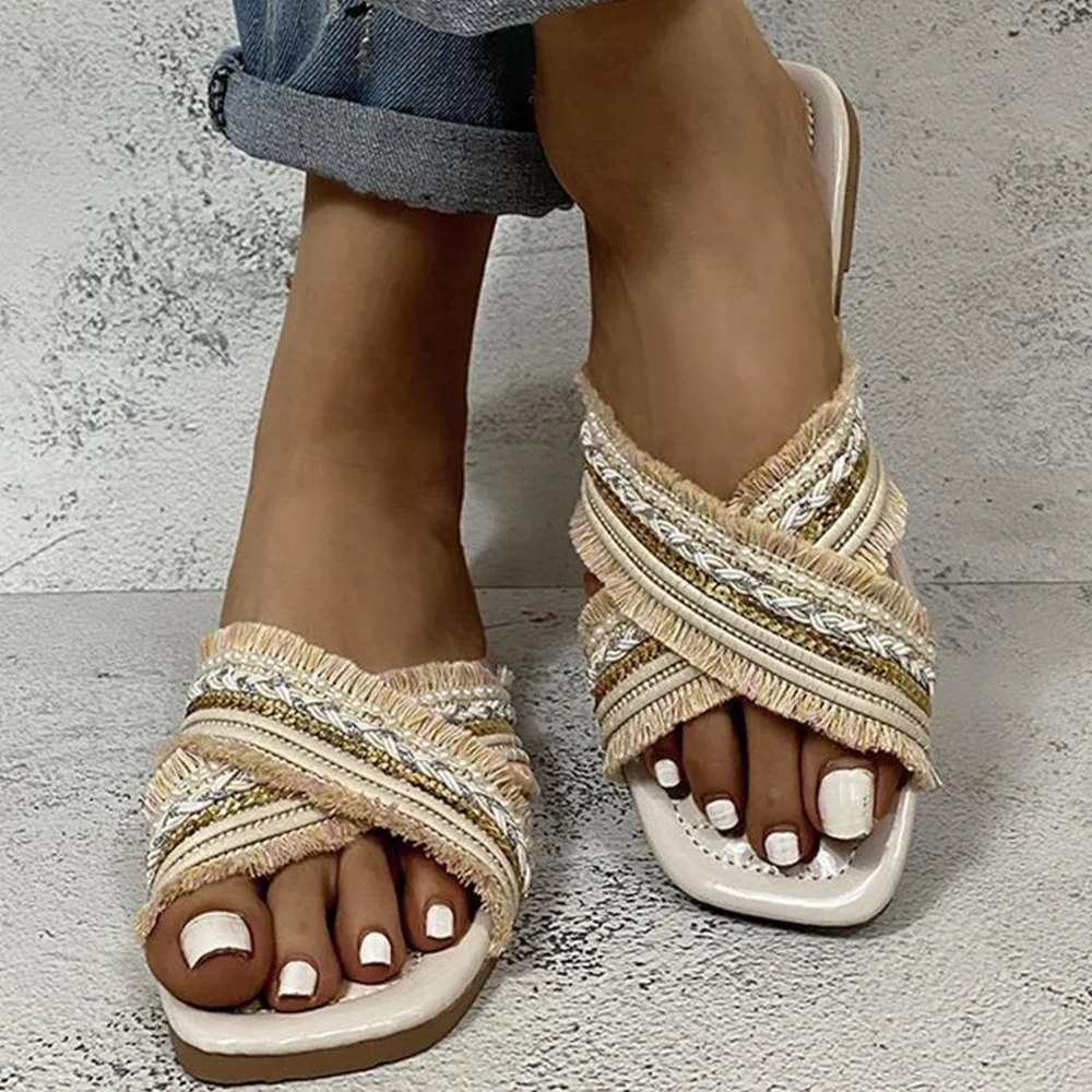 Женские летние тапочки в этническом стиле сандалии с открытым носком и