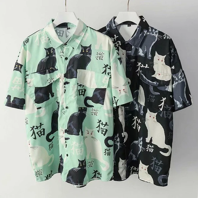 

Гавайская мужская пляжная рубашка с коротким рукавом, гавайская Пляжная футболка с 3D рисунком черного кота, с цветочным принтом, большие ра...