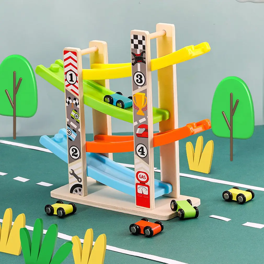 

Wooden Large Slide Car Colorful Glider 4-track Slide Car Inertia Car Wooden Early Education Educational Children's Toy