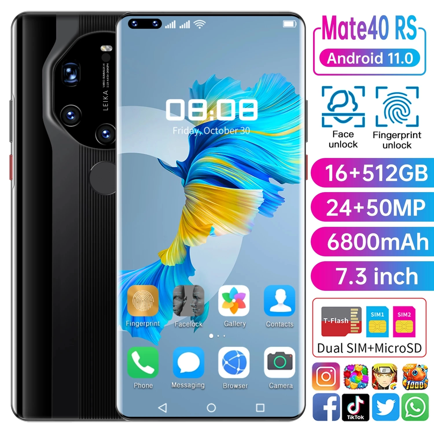 

Newest Mate40 RS Smartphone 7.3Inch Full Screen Deca Core 6800mAh 16GB 512GB 4G LTE 5G Network Mobile Phone