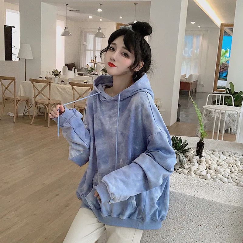 Корейские уличные милые синие толстовки KPOP галстук окрашенные Свободные Harajuku пуловер Tumblr Kawaii с длинными рукавами розовый свитер с капюшоном