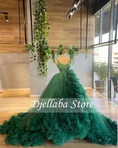 Elegant Green Evening Dresses Ruffle Quinceanera Gown Long Train Tulle vestidos de 15 años 2021 vestido quinceanera