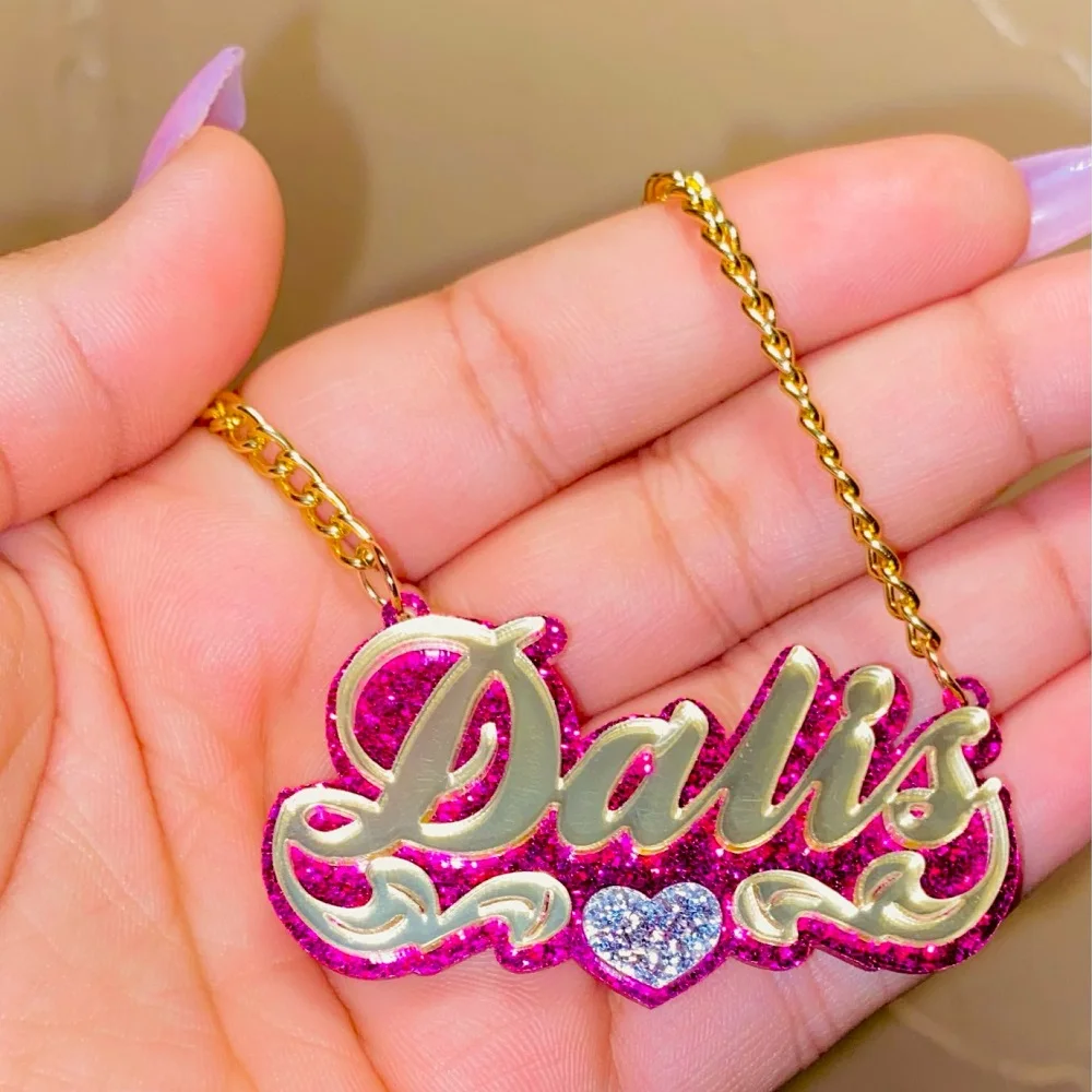 Lovely Custom Baby Name Necklaces Nameplates Acrylic Heart Necklaces Laser Mom Kids Name Necklace Colorful Gifts Colar Jewelry