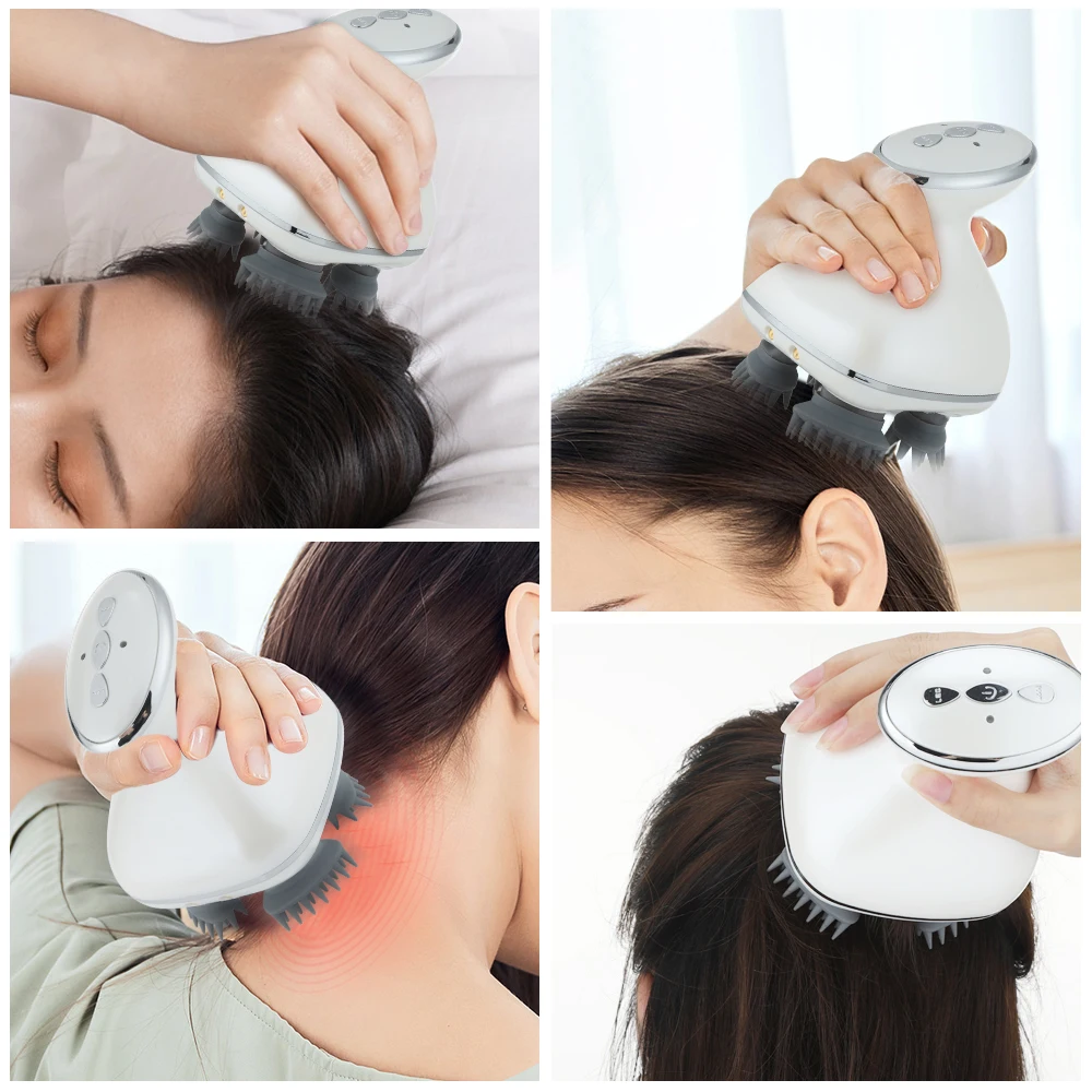 

LED Mini Head Scalp Massager Electric Wireless USB Head Meridian Massaging Device 4-Headed Silicone Massage Comb Handheld Relax