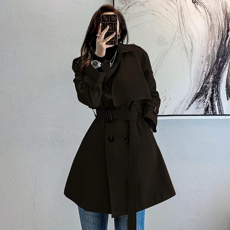 

2021 Autumn Fashion Women Trench Coat Sashes Turn Down Collar Long Khaki Black Windbreaker Femme Casual Loose Streetwear Jacket