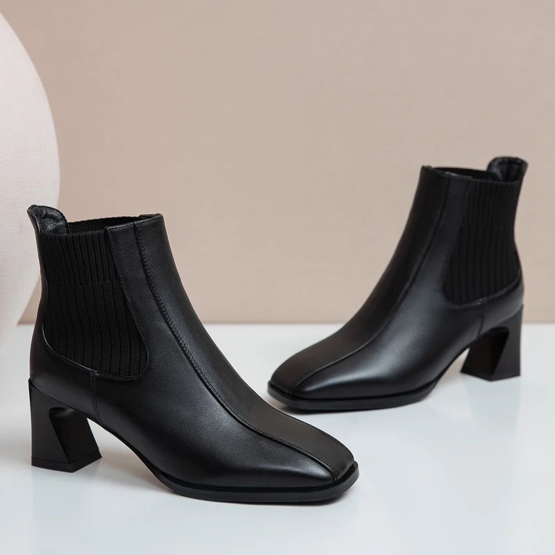 

Genuine Leather knitting Ladies Boots 2020 Newest Square Toe Concise High Heels Pumps Working Party Shoes Woman Heels