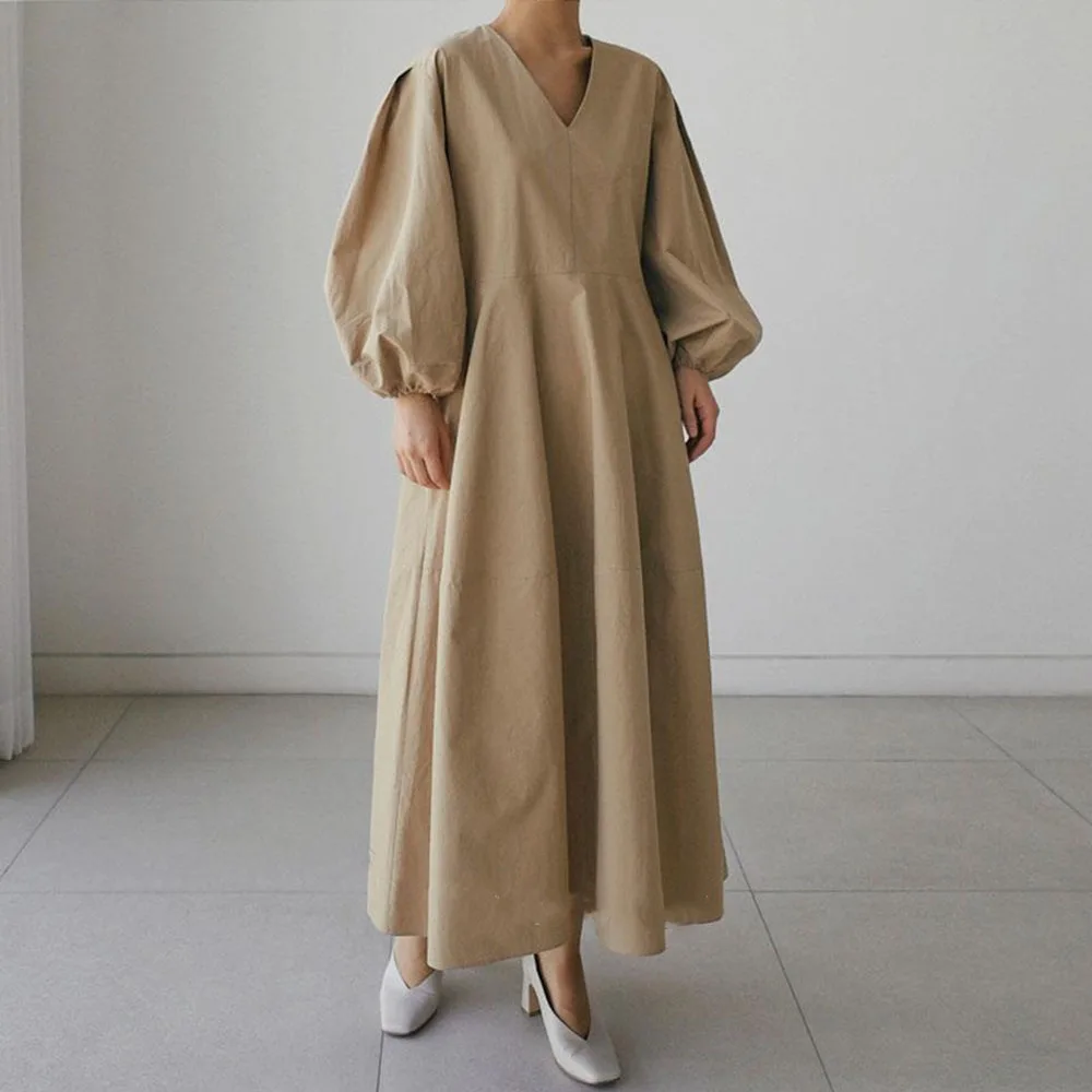 

Dress Japan Women 2021 Spring New V-neck Dress Slim Solid Color Over The Knee Long Loose Fashion Casual Lantern Sleeve Skirt