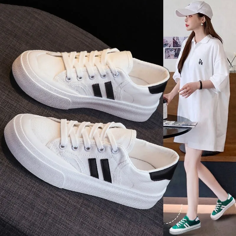 

2021 Women Lace Up Canvas Shoes Ladies Vulcanize Sport Light Flat Sneakers Autumn Spring Soft Casual Outdoor Chaussures Plates