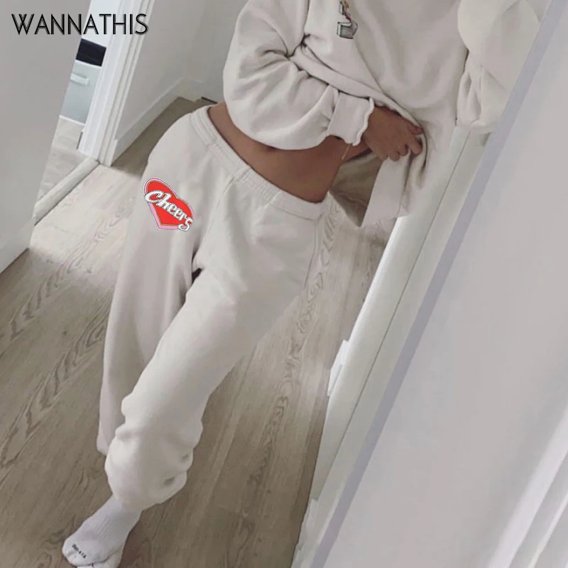 WannaThis уличные брюки с принтом спереди спортивные высокой талией белые хлопковые