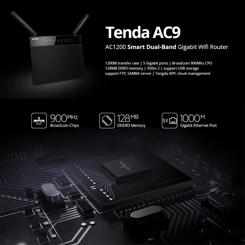 Беспроводной Wi-Fi роутер Tenda AC9 двухдиапазонный 128 DDR 1200M USB 2 0 1 * WAN + 4 LAN гигабитные