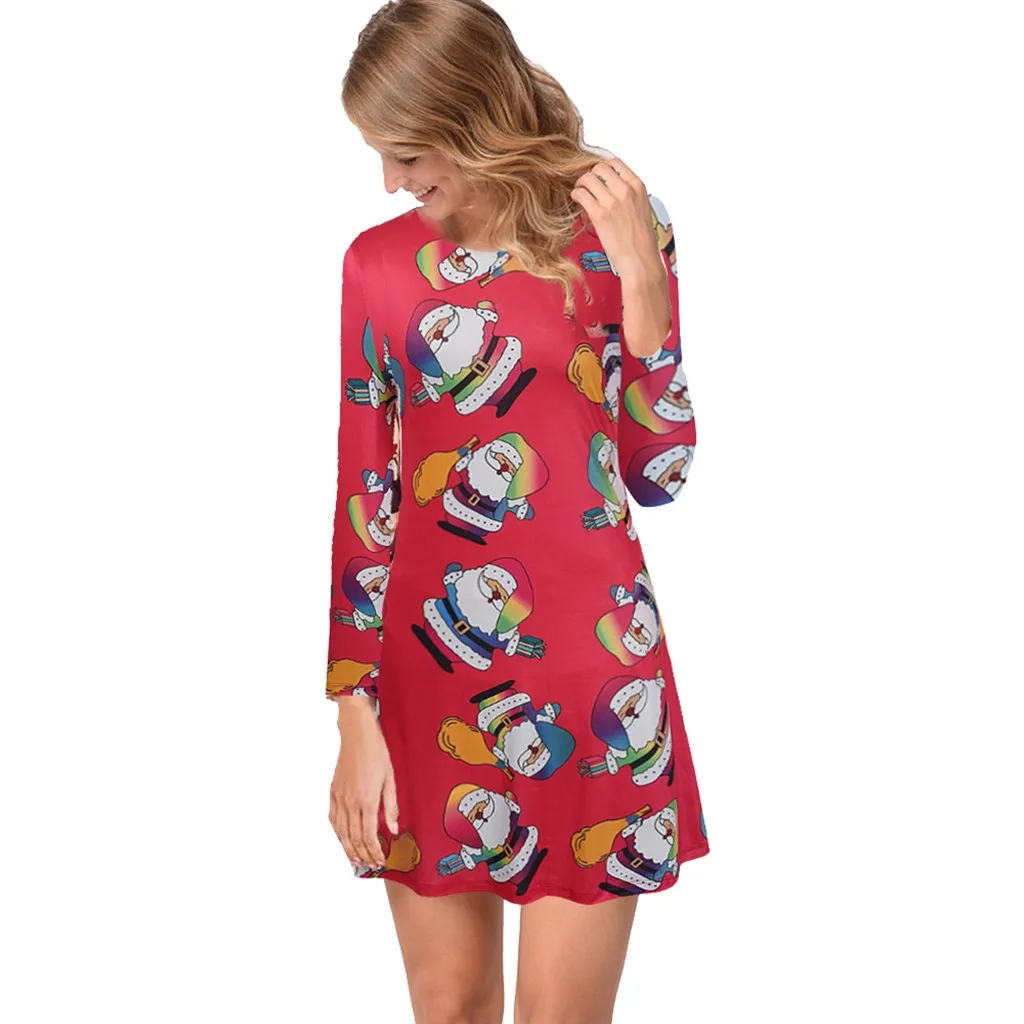 Женское рождественское платье с принтом Санта Клауса длинным рукавом а силуэт