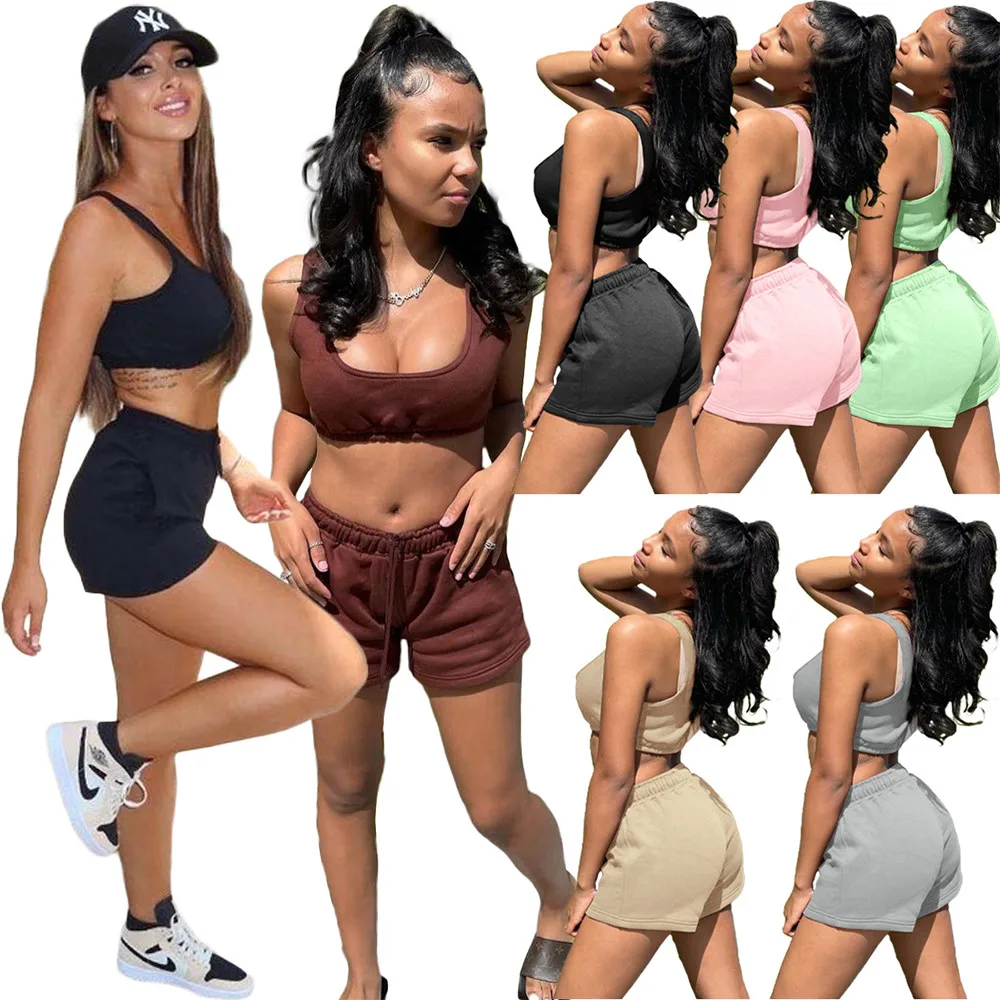 

Casual Sportswear 2 Two Piece Tracksuit for Women Low Neck Sleeveless Tank Crop Top and Elastic Waist Drawstring Short Workout