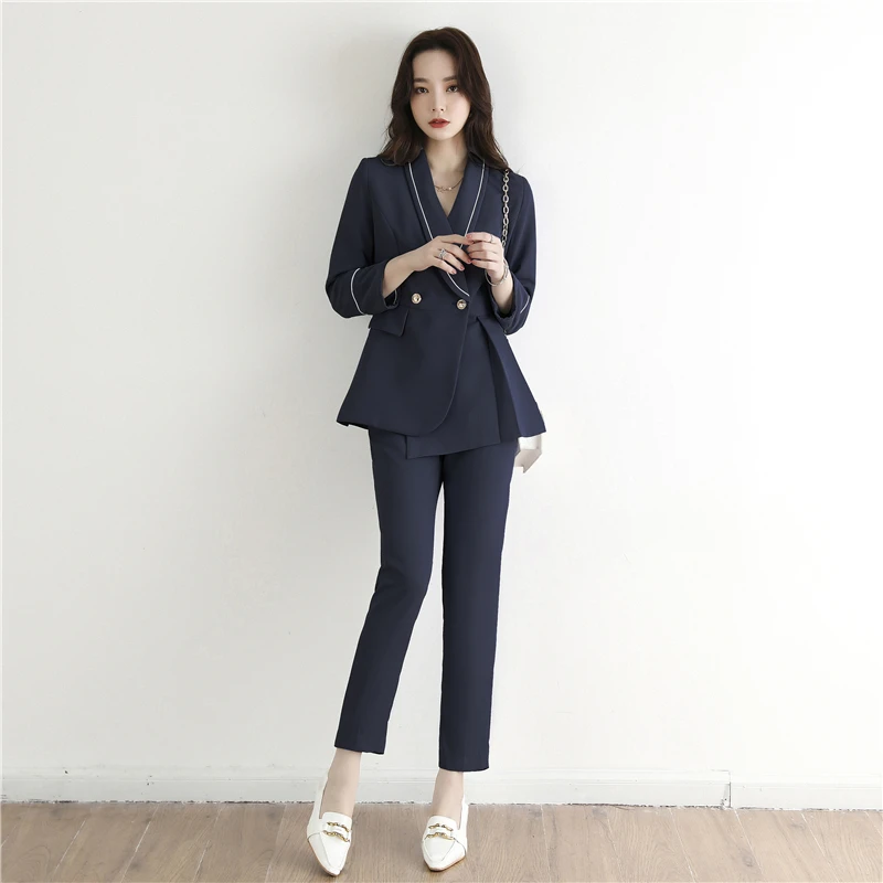 

2021 Autumn Winter New Solid Turndown Collar Full Women Sets Double Breasted Button Ankle-length Pants Lady Sets