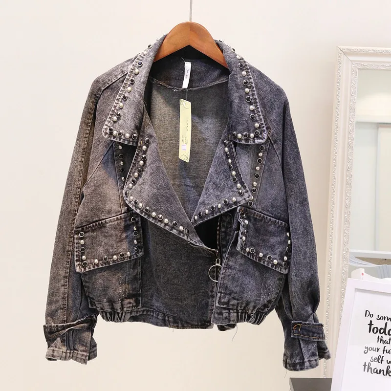 2019 женская короткая джинсовая куртка с карманами и заклепками застежка-молния