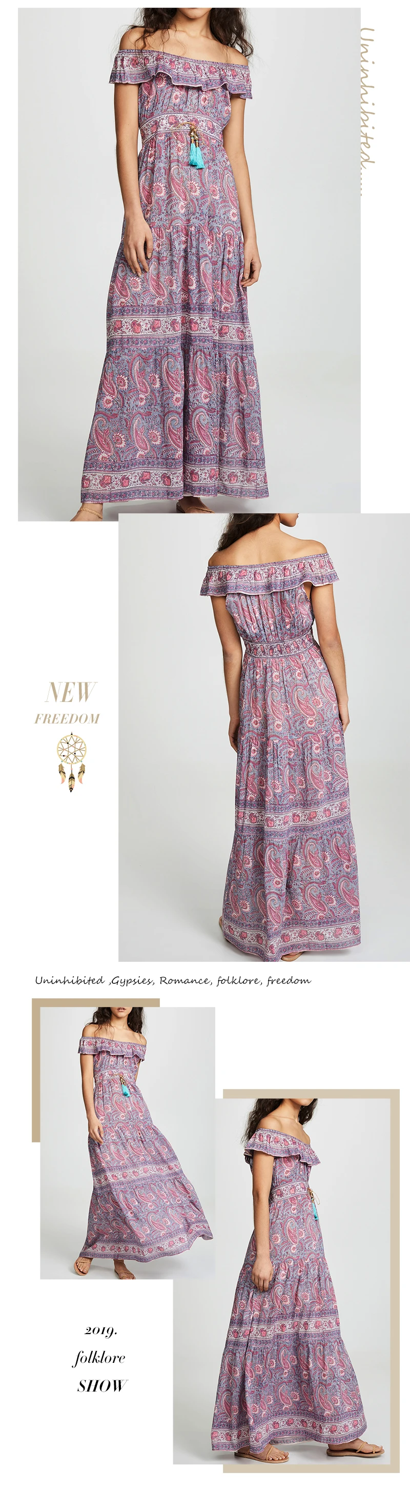 Everkaki Boho печати с открытыми плечами женское Макси платье с кисточками регулируемый пояс оборки цыганские летние платья женские осень