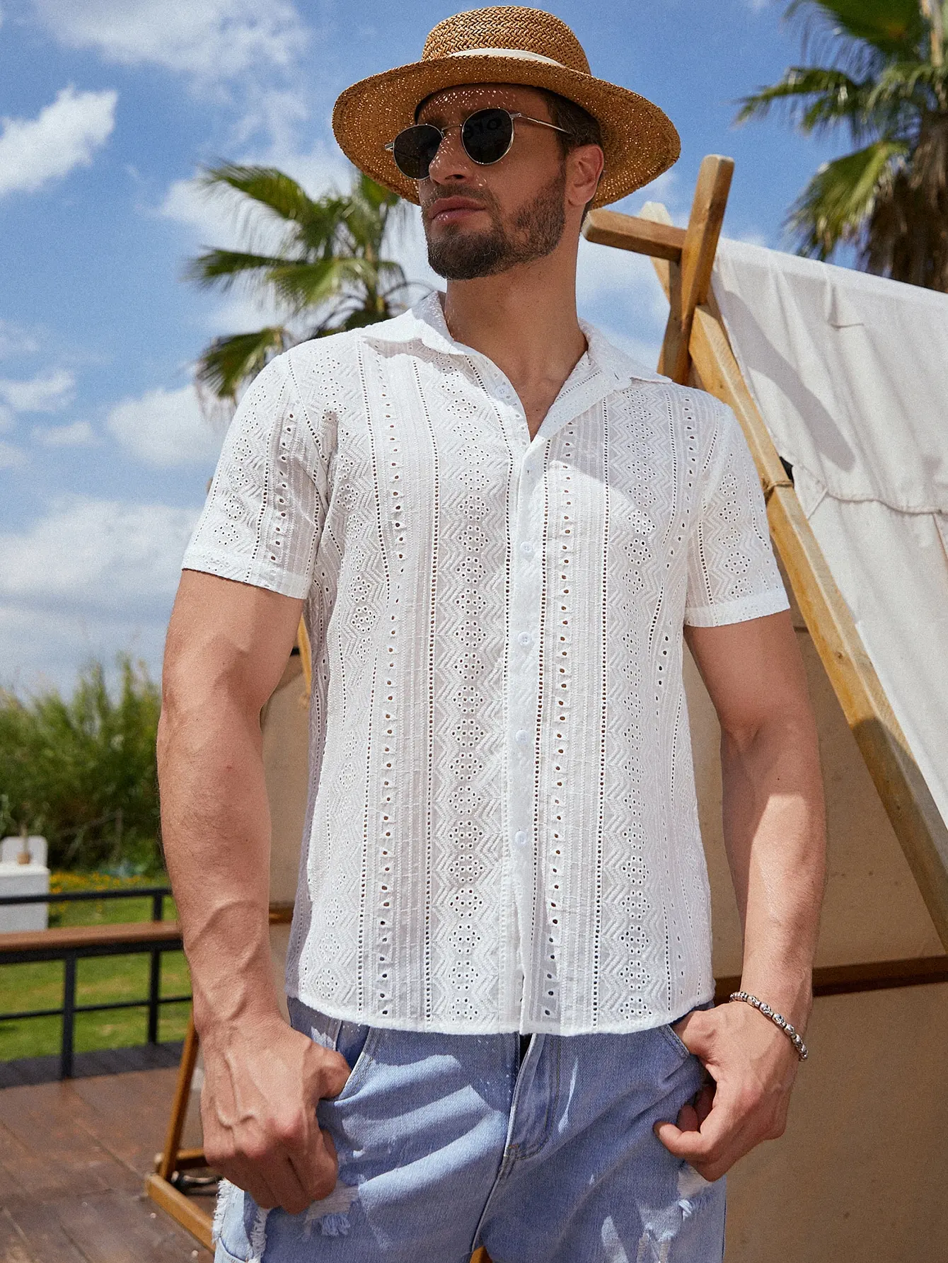 

Men Hollow Out Summer Cool Sexy New Fashion Style Hawaiin Mesh See Through Street Casual Shirt