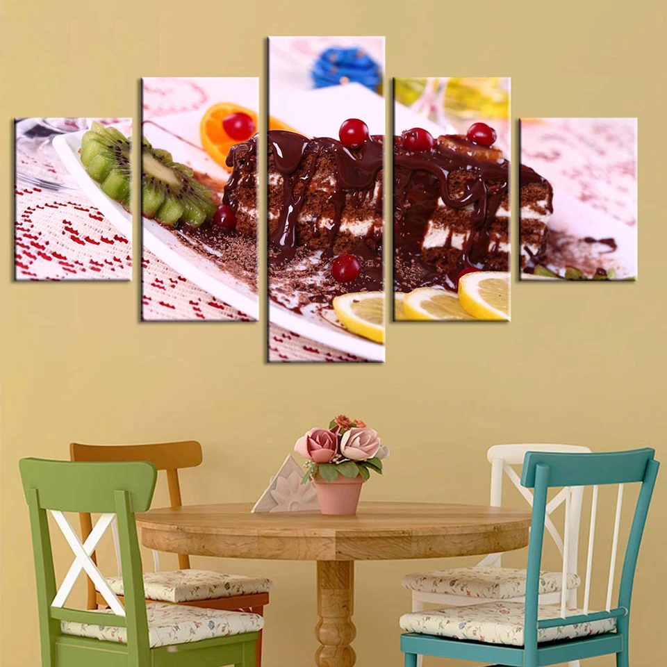

Canvas Pictures Home Decorative 5 Pieces Chocolate Cake Fruit Paintings Wall Art Prints Poster Hotel Modular Living Room Frame