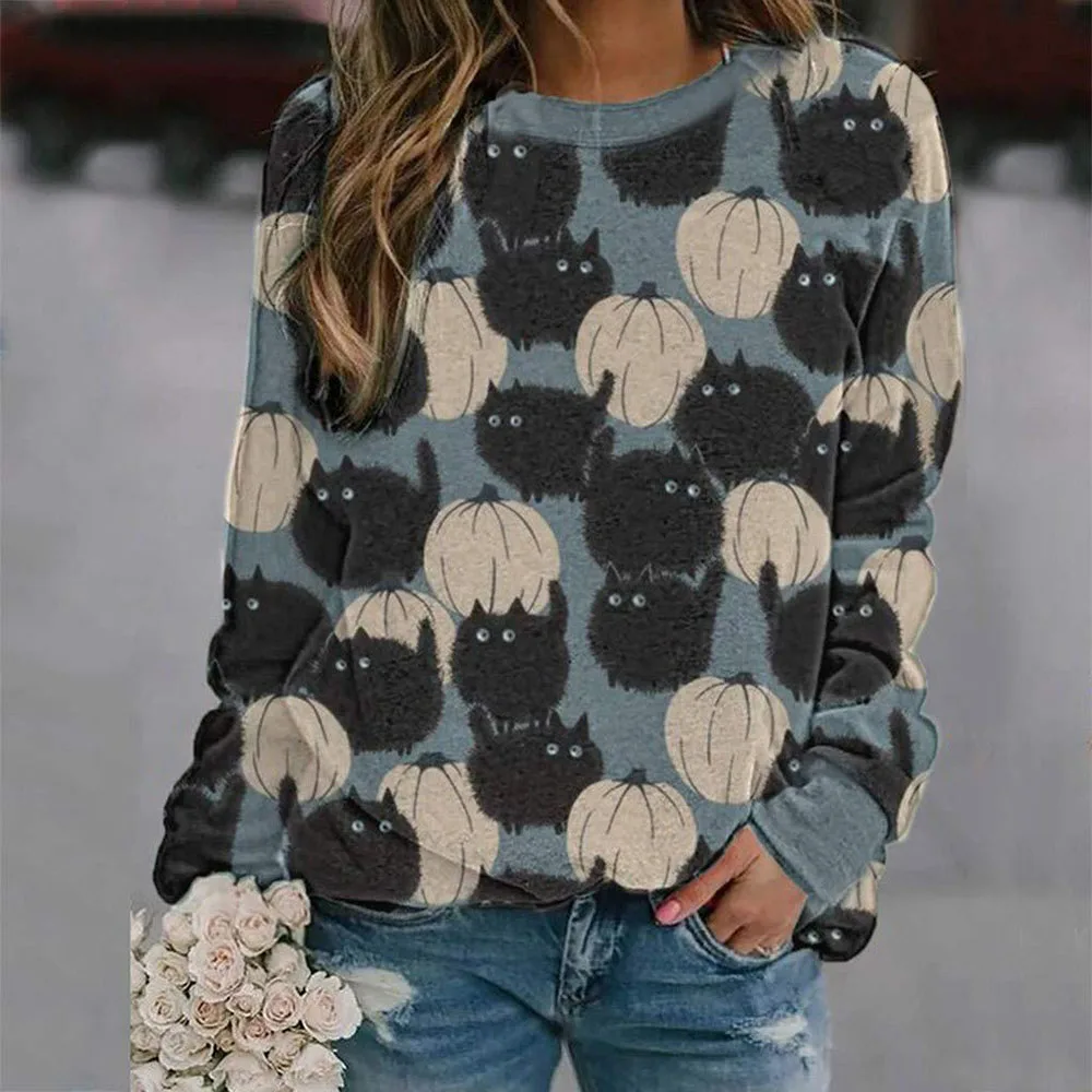 

Пуловер женский, с принтом в виде тыквы, с длинным рукавом