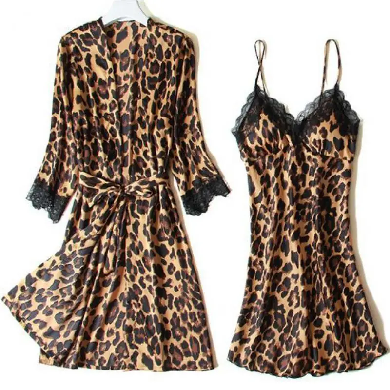 

Pajamas Female Print Leopard 4PCS Sleep Set Loose Satin Pyjamas Sleepwear Sexy Casual Home Wear Suits Lace Trim Women Nightwear