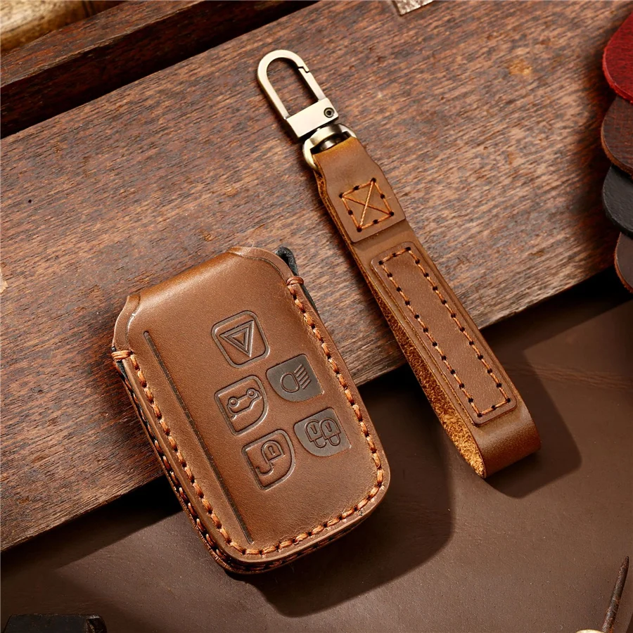

Genuine Leather Car Key Fob Case Cover Holder Chains For Land Rover 5 buttons key