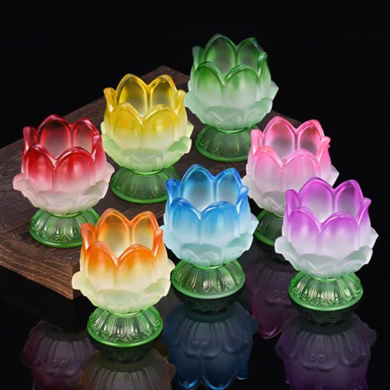 

Multicolor Glass Lamp Holder Buddhist Candle Cup Embossed Romantic Flower Candlestick Tibetan Supply Buddha Table Decoration