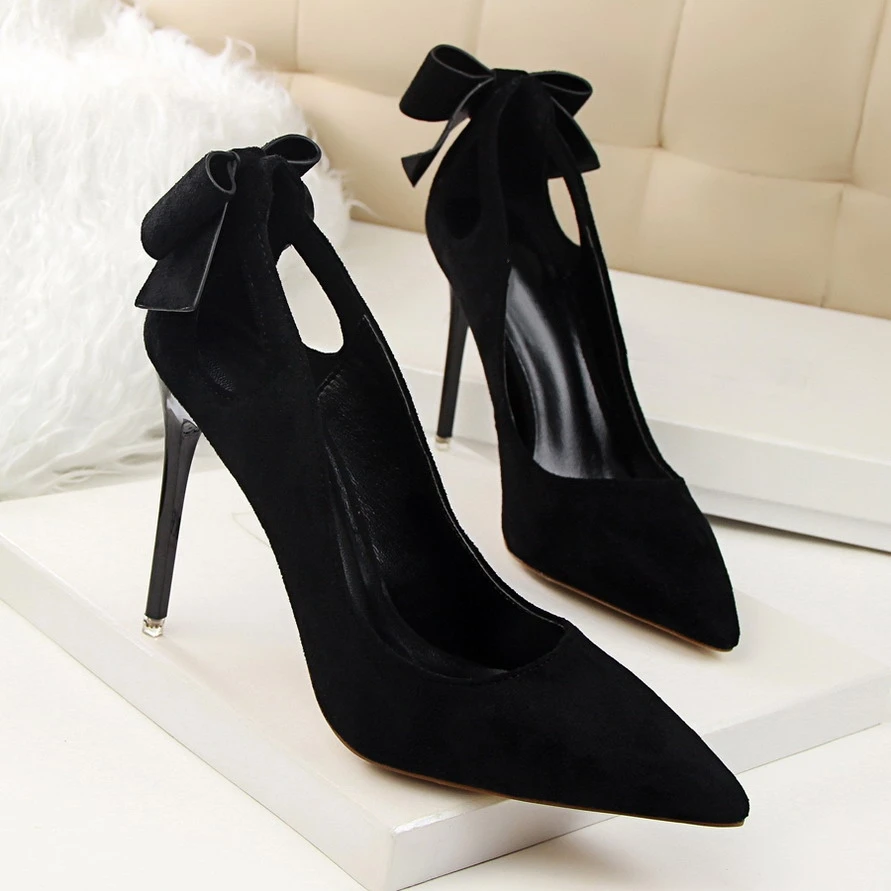 Милые туфли лодочки Туфли на тонком высоком каблуке с бантом Женские замшевые
