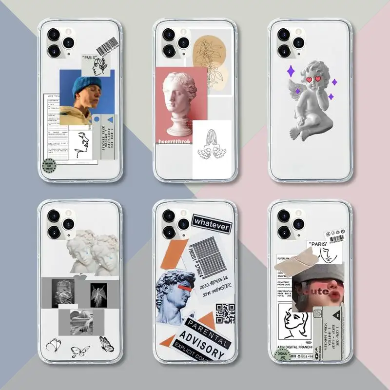 

Art david angel collage label design Phone Case Transparent For iPhone 12 11 pro mini XS XR X max 5 6 s 7 8 plus Soft TPU Clear