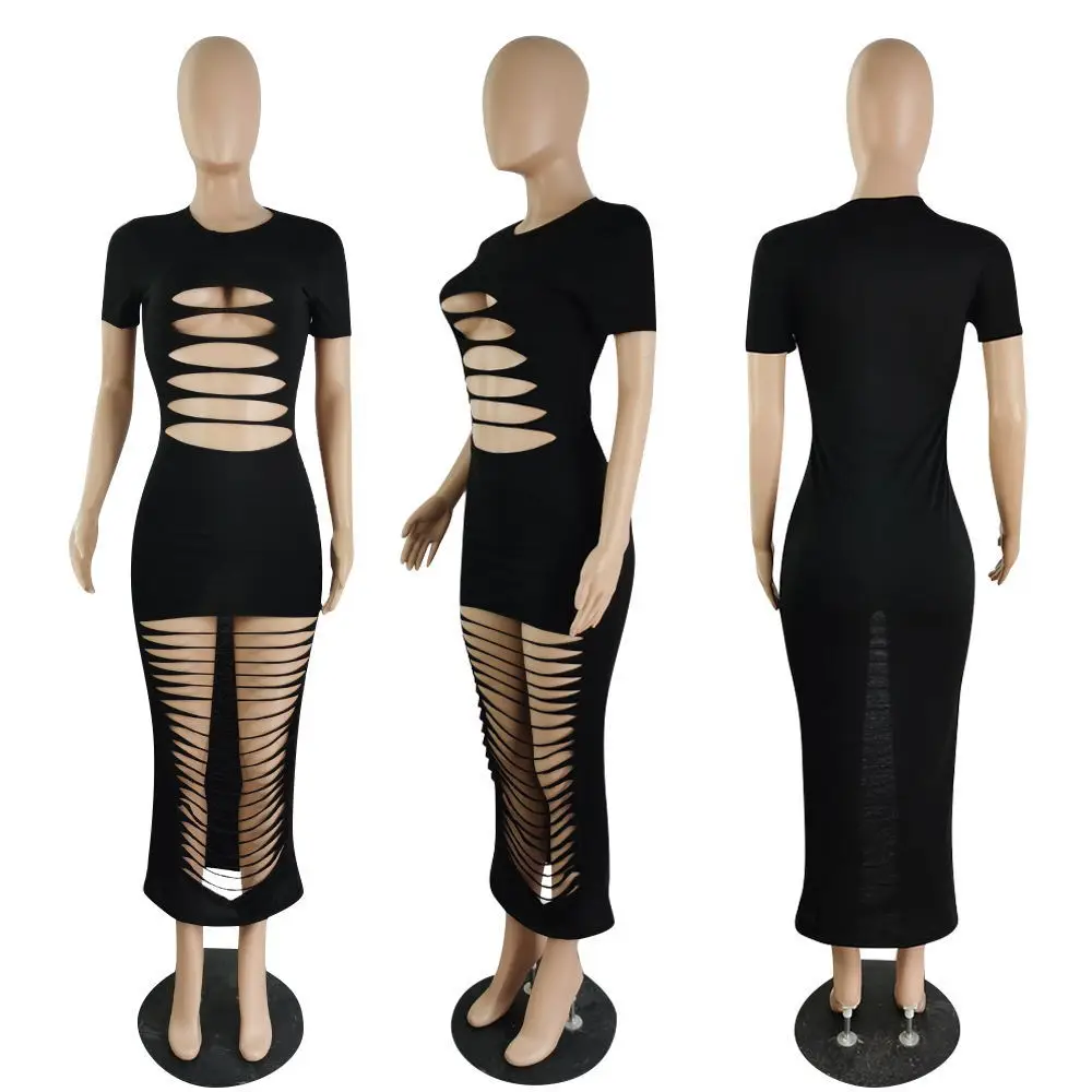 

2021 Summer New Women Fashion Solid Color Hollow Out Mid-calf Long Dress Black